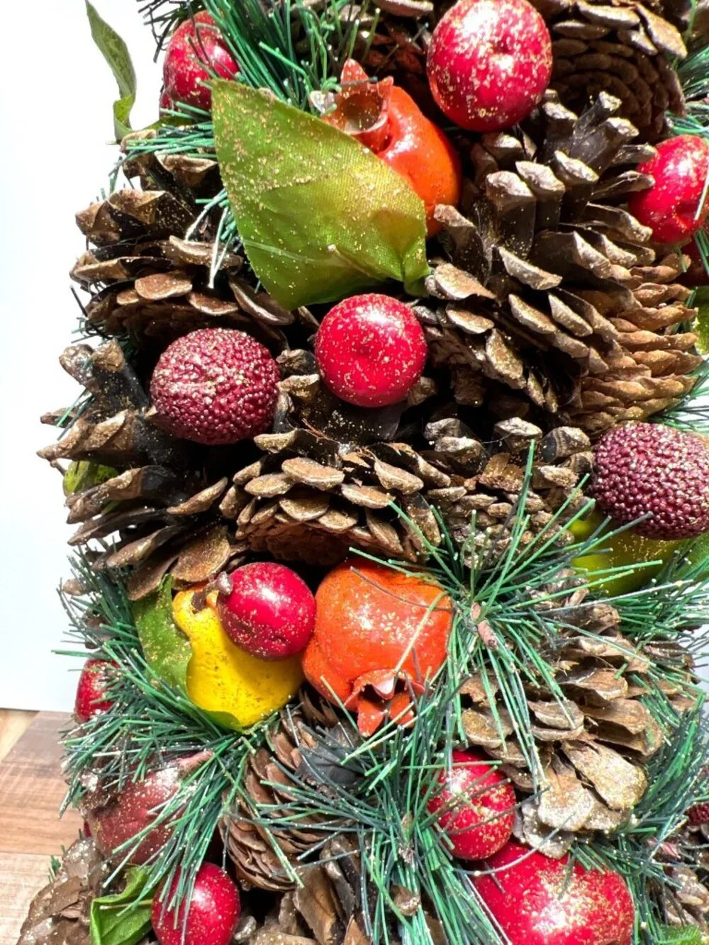 Holiday Centerpiece Pinecone & Faux Fruit Tree Glitter Accents Set Of 2 17.5'' T